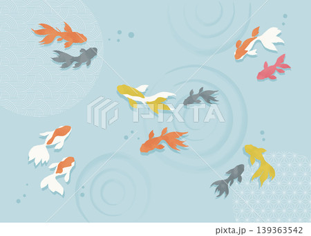 和柄水紋と金魚のイラスト背景（夏の和風デザイン・日本テイスト装飾素材） 139363542