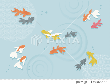 和柄水紋と金魚のイラスト背景（夏の和風デザイン・日本テイスト装飾素材） 139363542
