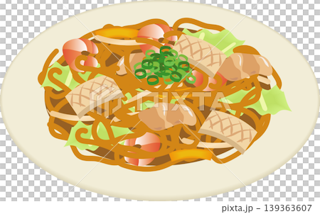 盛在盤子裡的豪華食材炒麵 盛在盤子裡的豪華食材炒麵 139363607