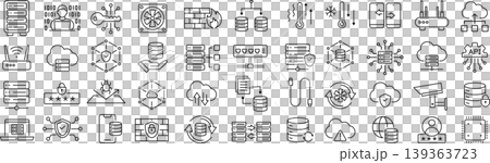 ベクターでモノクロのデータセンターに関する線画アイコンセット 139363723