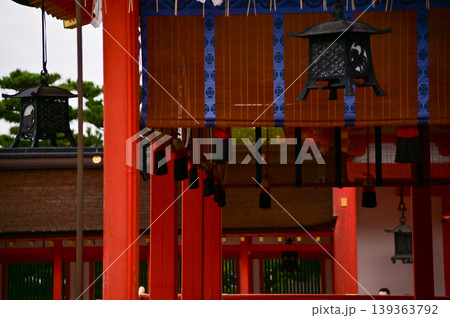 Close-up view of Fushimi Inari Taisha(Fushimi Inari Shrine) is a popular tourist destination in Kyoto, Japan. Fushimi Inari Shrine architecture. Building exterior. Close-up view of Fushimi Inari Taisha(Fushimi Inari Shrine) is a popular tourist destination in Kyoto, Japan. Fushimi Inari Shrine architecture. Building exterior. 139363792