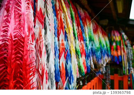 Close-up view of Fushimi Inari Taisha(Fushimi Inari Shrine) is a popular tourist destination in Kyoto, Japan.  Fushimi Inari Shrine architecture. Building exterior. 139363798