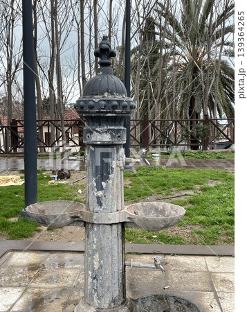 Vintage drinking fountain with ornate details in outdoor park setting on cloudy day background 139364265