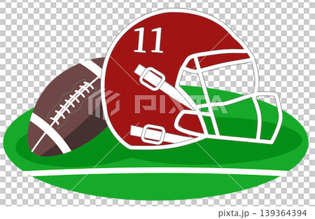American Football Equipment Illustration featuring Helmet and Ball on Green Field 139364394