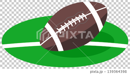 Classic Rugby Ball Illustration on Green Pitch with Pitch Lines 139364398