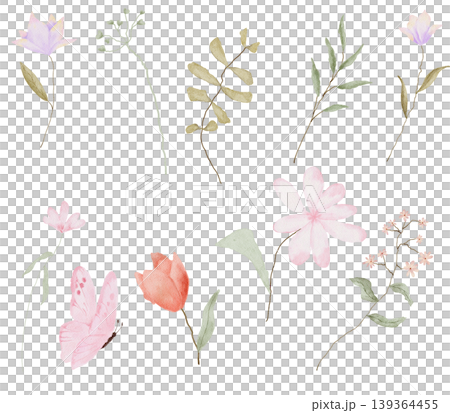 watercolor clipart set with soft pastel wildflowers, leaves, and botanical stems in pink, purple, and green tones isolated on a transparent background. Ideal for invitations watercolor clipart set with soft pastel wildflowers, leaves, and botanical stems in pink, purple, and green tones isolated on a transparent background. Ideal for invitations 139364455