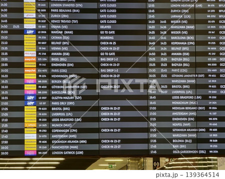 Balice, Krakow, Poland - March 27, 2026: Arrivals and departures board for Krakow Airport in Poland. Balice, Krakow, Poland - March 27, 2026: Arrivals and departures board for Krakow Airport in Poland. 139364514