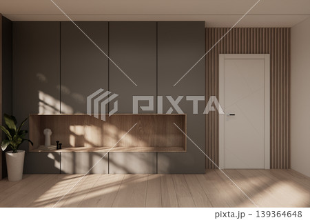 Gray color shelf on Built-in mock up smath board wall minimalist in wooden floor and decoration, room japandi modern style.3D rendering Gray color shelf on Built-in mock up smath board wall minimalist in wooden floor and decoration, room japandi modern style.3D rendering 139364648