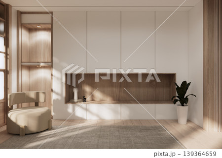 Living room minisofa and armchair, shelf on Built-in mock up smath board wall minimalist,Empty white wall on wooden floor, room japandi modern style.3D rendering Living room minisofa and armchair, shelf on Built-in mock up smath board wall minimalist,Empty white wall on wooden floor, room japandi modern style.3D rendering 139364659