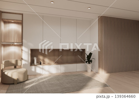 Living room minisofa and armchair, shelf on Built-in mock up smath board wall minimalist,Empty white wall on wooden floor, room japandi modern style.3D rendering Living room minisofa and armchair, shelf on Built-in mock up smath board wall minimalist,Empty white wall on wooden floor, room japandi modern style.3D rendering 139364660