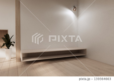 shelf wall Built-in mock up minimalist, room japandi modern style,Empty white wall on wooden floor and decoration.3D rendering 139364663