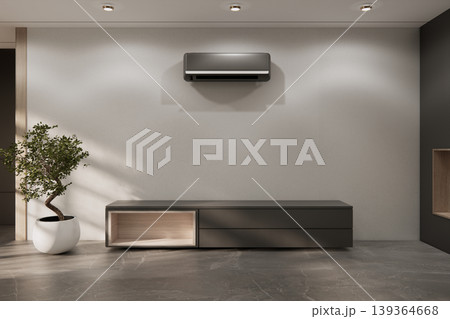 granite tiles floor and decoration,shelf on Built-in mock up smath board wall minimalist, room japandi modern style.3D rendering 139364668