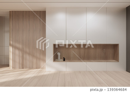 Clean modern japandi - Room empty white wall on wood floor Mockup living room minimalist.3D rendering Clean modern japandi - Room empty white wall on wood floor Mockup living room minimalist.3D rendering 139364684