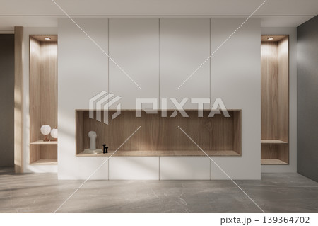 Mock up empty japanese on Modern room gray color tone interior modern japandi style.3D rendering Mock up empty japanese on Modern room gray color tone interior modern japandi style.3D rendering 139364702