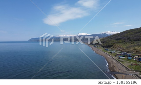 浜益の毘砂別川河口と日本海の自然風景 北海道石狩市 空撮 139365196