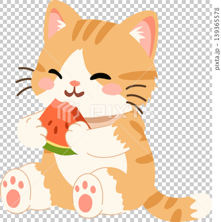Orange cartoon kitten eating a watermelon slice during warm summer days for children art sticker. Orange cartoon kitten eating a watermelon slice during warm summer days for children art sticker. 139365578