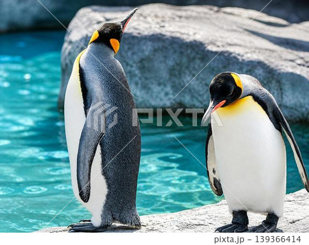 南極をイメージした水辺でたたずむ2羽のキングペンギン 139366414