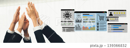 Hands reaching toward digital interface with graphs, charts, and AI icons, representing technology, business growth, and data analysis in modern work environments Gantry 139366832