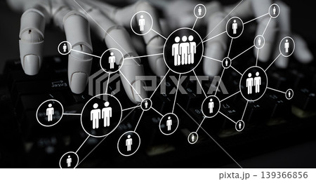 Futuristic Concept of Digital Interaction and Human Connection Featuring Robotic Hands Typing on Keyboard with Network Visuals Ledger 139366856