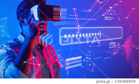 Man in Virtual Reality Headset Engaging with Digital Technology and Abstract Graphics for Gaming and Immersive Experiences. Raster Man in Virtual Reality Headset Engaging with Digital Technology and Abstract Graphics for Gaming and Immersive Experiences. Raster 139366959