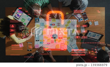 Collaborative Team Brainstorming Session with Digital Security Overlay in a Modern Office Environment. Raster 139366979