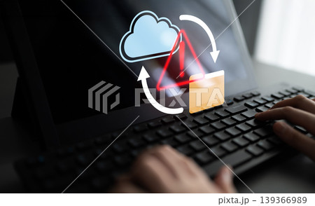 Abstract representation of cloud computing, file transfer, data synchronization, and system alerts on modern digital device with keyboard interaction Gantry Abstract representation of cloud computing, file transfer, data synchronization, and system alerts on modern digital device with keyboard interaction Gantry 139366989