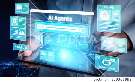 A person holds a digital tablet showcasing various AI agent applications and information, highlighting the impact of technology in modern communication and innovation. Sigmoid 139366998