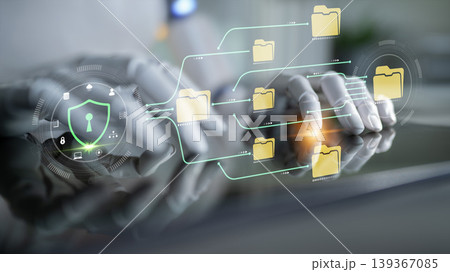 Futuristic Technology Concept for Data Security with Digital Folder Icons and Cyber Protection Symbols over Human Hands Illustration in Modern Workspace Fluxor Futuristic Technology Concept for Data Security with Digital Folder Icons and Cyber Protection Symbols over Human Hands Illustration in Modern Workspace Fluxor 139367085