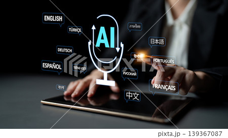 Person Using AI Language Translation Technology on a Tablet with Various Language Options Displayed in a Modern Business Setting Quark Person Using AI Language Translation Technology on a Tablet with Various Language Options Displayed in a Modern Business Setting Quark 139367087