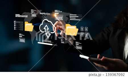 User Engaging with Digital Cloud Technology and Data Upload Concept with Global Connectivity and Interactive Virtual Interface Ledger User Engaging with Digital Cloud Technology and Data Upload Concept with Global Connectivity and Interactive Virtual Interface Ledger 139367092