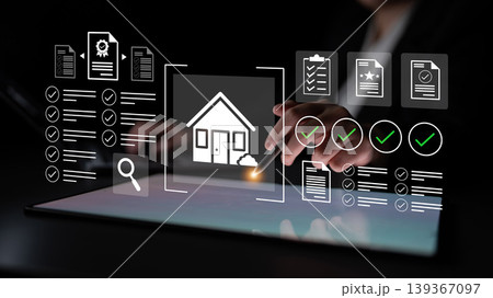 Digital Home Inspection Process with Virtual Documents and Checklists on Tablet Screen in Dark Environment for Real Estate Professionals and Homebuyers Gantry 139367097