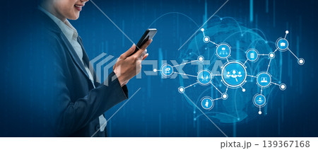 Business professional using smartphone with digital connection icons representing technology, communication, and networking in modern corporate environment. Tessel 139367168