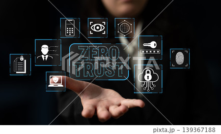 Conceptual illustration representing the Zero Trust security model with various technology icons and a person holding a hand out in a dark environment Fluxor Conceptual illustration representing the Zero Trust security model with various technology icons and a person holding a hand out in a dark environment Fluxor 139367188