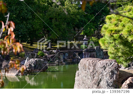 The Japanese gardern view of nijo jo castle, Kyoto, Japan. World Heritage Site, Japanese old traditional architecture in Kyoto, Japan. Background landscape of the beauty of Nijo Castle at sunny day. The Japanese gardern view of nijo jo castle, Kyoto, Japan. World Heritage Site, Japanese old traditional architecture in Kyoto, Japan. Background landscape of the beauty of Nijo Castle at sunny day. 139367196