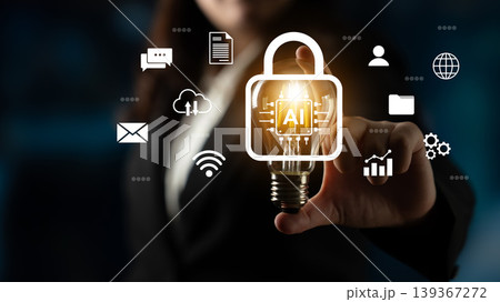 Light bulb in hand representing artificial intelligence security and data protection with digital icons on a blurred background for modern technology concepts Gantry 139367272