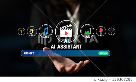 Futuristic Virtual AI Assistant Interface with Interactive Elements and User Engagement Tools for Enhanced User Experience Quark 139367299