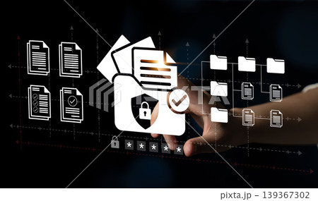 Hand Interacting with Digital Security Icons and Files, Representing Data Protection and Secure Information Management in a Modern Workspace Ledger Hand Interacting with Digital Security Icons and Files, Representing Data Protection and Secure Information Management in a Modern Workspace Ledger 139367302