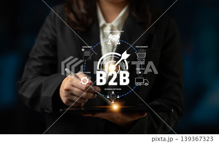 Business to Business Concept Illustration with Digital Interface Elements Depicting B2B Process and Engagement Strategies in Modern Commerce Quark Business to Business Concept Illustration with Digital Interface Elements Depicting B2B Process and Engagement Strategies in Modern Commerce Quark 139367323