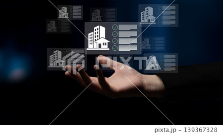 Digital Concept of Real Estate Management with Hand Holding Icons for Property Listings, Checkboxes, and Building Graphics Gantry Digital Concept of Real Estate Management with Hand Holding Icons for Property Listings, Checkboxes, and Building Graphics Gantry 139367328