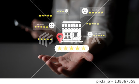 Digital Interaction Representing Customer Feedback and Reviews for Small Business with Five Star Rating and Positive Comments Gantry 139367359