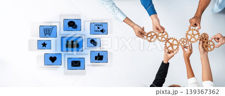 Diverse Team Collaboration with Gears and Icons Symbolizing Communication, Connection, and Digital Interaction in a Modern Workplace Setting Trope Diverse Team Collaboration with Gears and Icons Symbolizing Communication, Connection, and Digital Interaction in a Modern Workplace Setting Trope 139367362