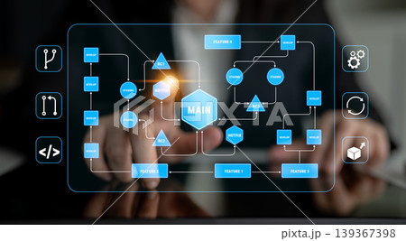 Hands of a business professional interacting with digital interface showing data flow and element connections in modern technology and system management concepts Quark Hands of a business professional interacting with digital interface showing data flow and element connections in modern technology and system management concepts Quark 139367398