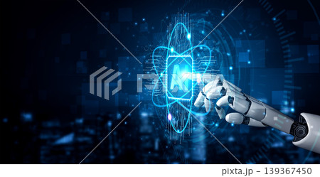 A robot hand reaches out to interact with an artificial intelligence symbol in a vibrant digital environment, symbolizing innovation and advanced technology. Sigmoid 139367450