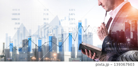 Business analysis with digital graphs and financial data in the background, professional man examining statistics with cityscape view Scalp 139367603