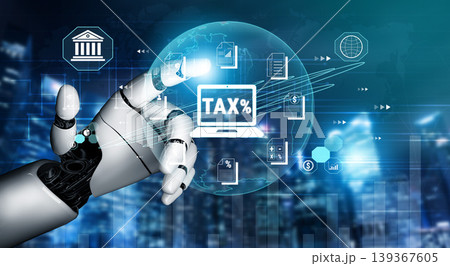 Robotic Hand Interacting with Digital Tax Data Visualizations and Financial Elements in a High-Tech Futuristic Cityscape Fluxor 139367605