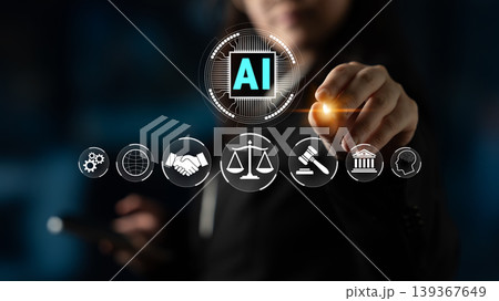 Business Professional Interacting with Artificial Intelligence Technology Interface Displaying Legal and Global Icons Fluxor Business Professional Interacting with Artificial Intelligence Technology Interface Displaying Legal and Global Icons Fluxor 139367649