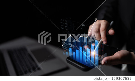 Digital Analysis of Financial Data Through Mobile Technology with Graphs and Charts Overlaid Illustrating Market Trends and Statistics in a Dark Environment Scalp 139367655