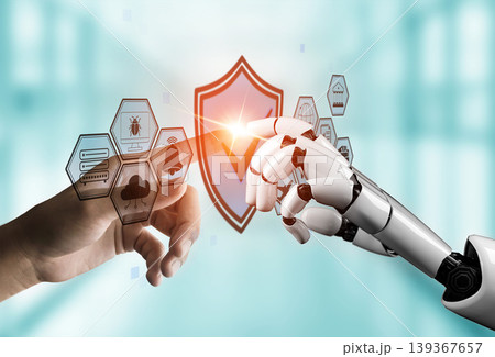 Human and Robot Hand Connection with Digital Security Icons Representing Trust, Innovation, and Technology Integration in Modern Society Quark Human and Robot Hand Connection with Digital Security Icons Representing Trust, Innovation, and Technology Integration in Modern Society Quark 139367657