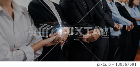 Group of business professionals standing in line with digital interface elements representing teamwork, collaboration, and innovation in corporate environment Trope Group of business professionals standing in line with digital interface elements representing teamwork, collaboration, and innovation in corporate environment Trope 139367691