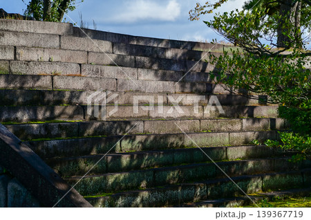Close-up of the stairs with shadow in the sunny day in nijo jo castle, Kyoto, Japan. World Heritage Site. A corner of nijo jo castle. Background landscape of the beauty of Nijo Castle. 139367719